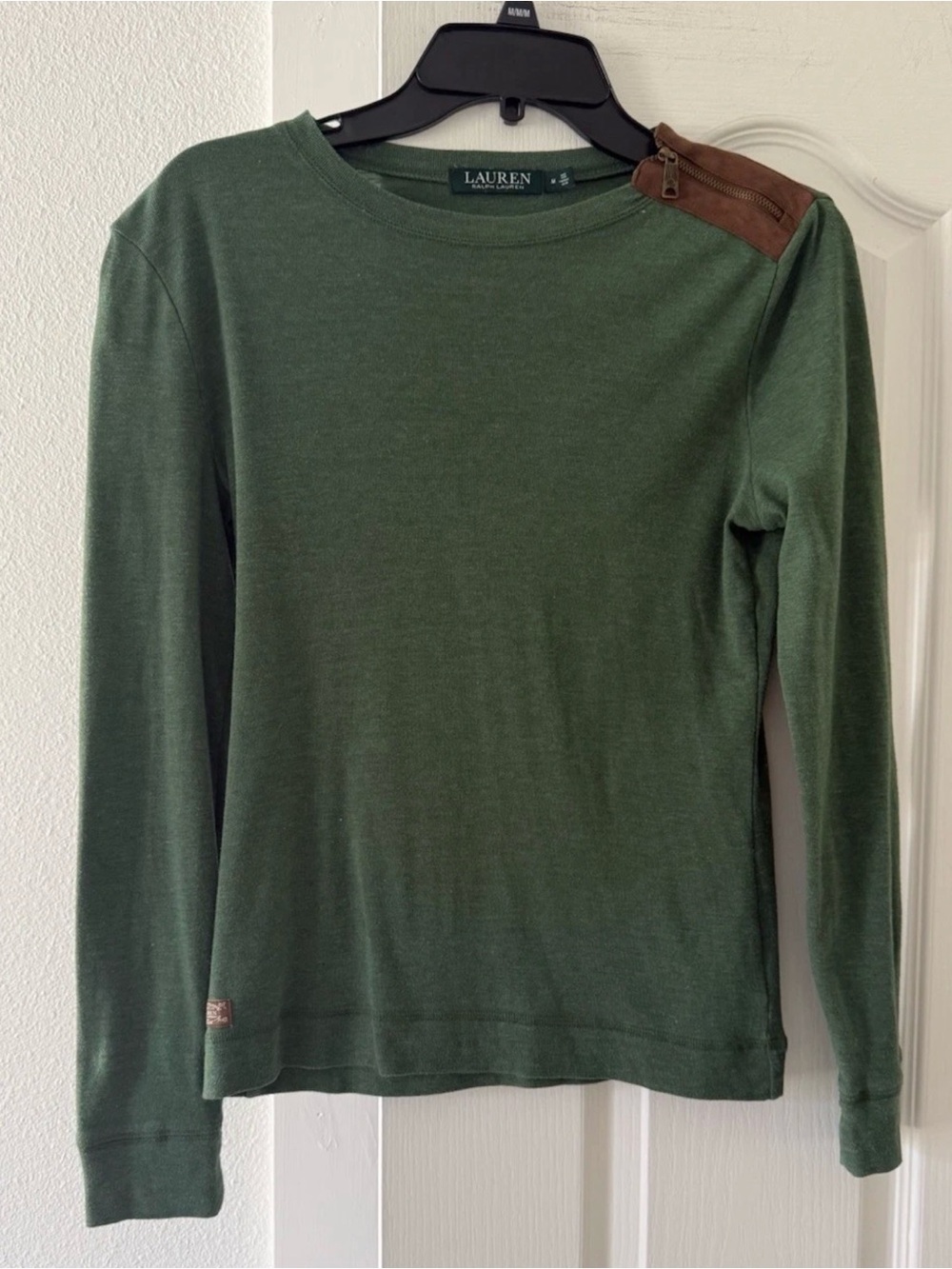 Lauren Ralph Lauren Green Faux Suede Zip Accent Long Sleeve Top Medium